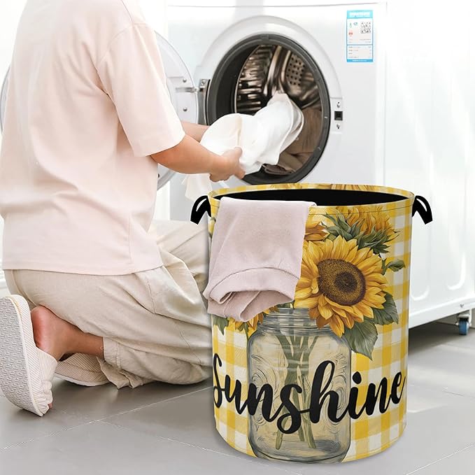 Retro Sunflowers Laundry Hamper,Sunshine Dirty Clothes Laundry Basket with Handles Waterproof Oxford Cloth Storage Basket for College Dorms Bathroom Bedroom 16" x 20.8"