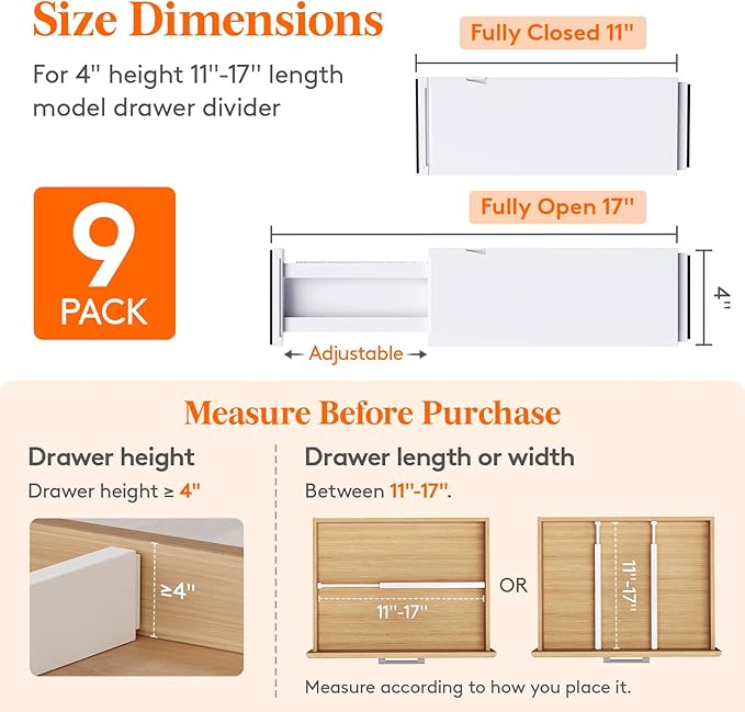 Lifewit 9 Pack Drawer Dividers 4" High, 11-17" Adjustable Drawer Organizers for Clothes, Expandable Dresser Separators in Bedroom/Bathroom/Kitchen/Fridge/Office Organization and Storage, White