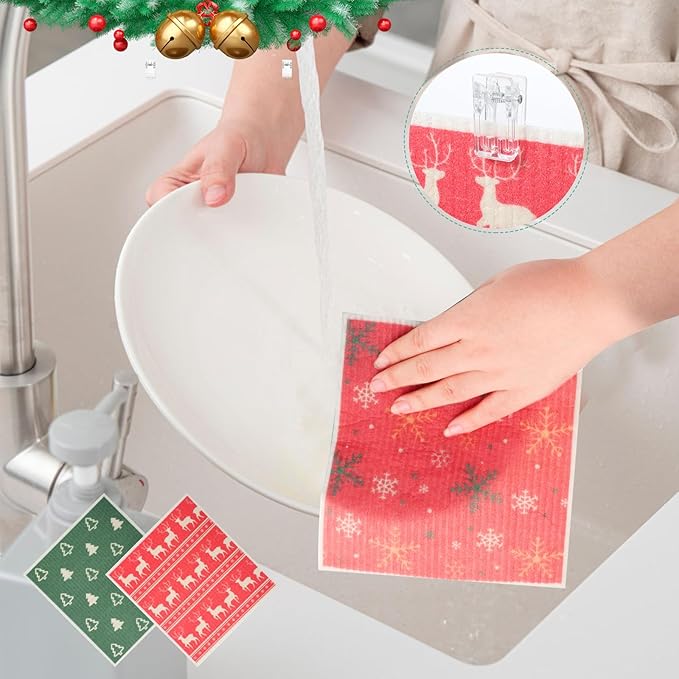 6 Pack Christmas Swedish Dishcloths for Kitchen, Snowflake Elk Xmas Tree Reusable Paper Towels with Adhesive Clips, Stocking Stuffers for Adults Absorbent Cellulose Sponge Cloths for Cleaning Kitchen