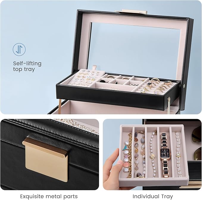 Lolalet Jewelry Box, Clear Window Jewelry Organizer with Drawer for Earrings Bracelets Necklaces Rings, Jewelry Storage for Women -Black, 4 Layers