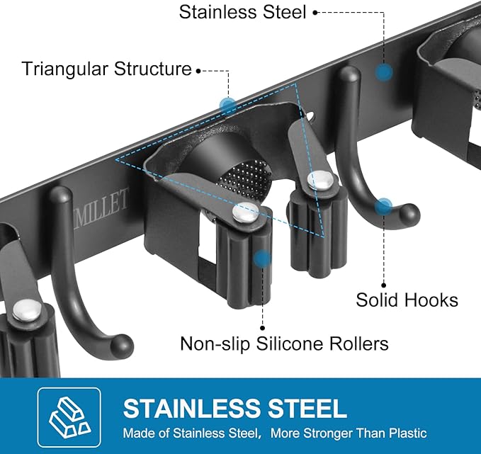 IMILLET 2 Pack Broom and Mop Holder Wall Mounted, Broom Holder Stainless Steel Broom Organizer Heavy Duty Tools Organizer Self Adhesive for Laundry Room Garage Garden（5 Racks and 4 Hooks）