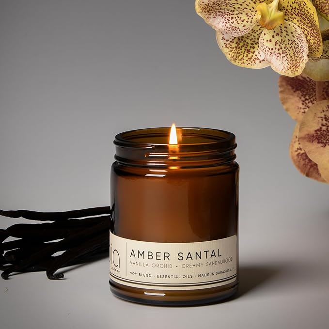 Bia Candle Co Soy Blend Candle, Vanilla & Sandalwood with Sweet Orange – Long-Lasting Clean Burn, Lead-Free Wick, Brown Glass Jar with Gold Lid – Amber Santal, 7 oz
