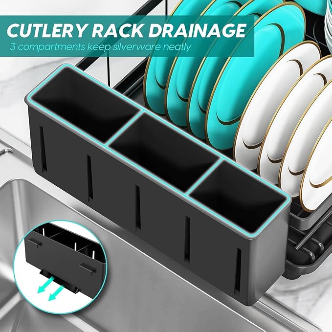 MERRYBOX Dish Drying Rack Large Capacity 2 Tier Dish Drying Rack Multifunctional Rustproof Dish Racks for Kitchen Counter with Large Utensil Holder, Cup Holder, Black