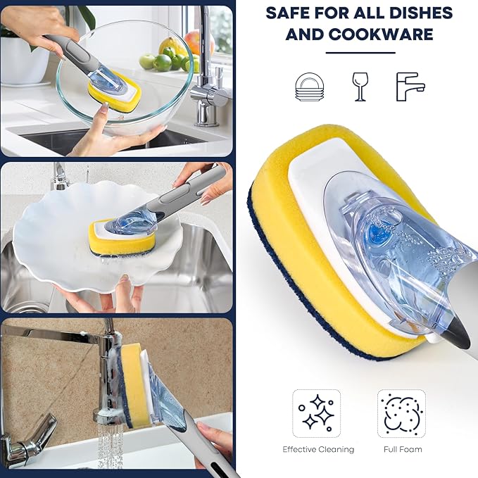 Dish Brush with Soap Dispenser Storage Set with 2 PCS Sponge Refills & Holder, Soap Dispensing Dish Brushes, Sponge with Soap Dispenser Handle, Dish Sponges with Handle for Dishes Pans Pots Sink(Gray)