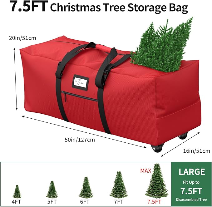 Rolling Christmas Tree Storage Bag, Fits Up to 7.5 ft Artificial Xmas Disassembled Trees. Extra Large Storage Container with Wheels and Handles. Against Dust and Moisture (Red)
