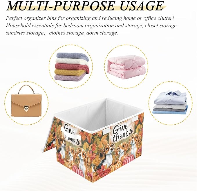 Bolaz Storage Bins with Lids and Handles,Dog Autumn Leaves Storage Box Basket with Cover Collapsible Organizer Containers for Home Closet, Shelves