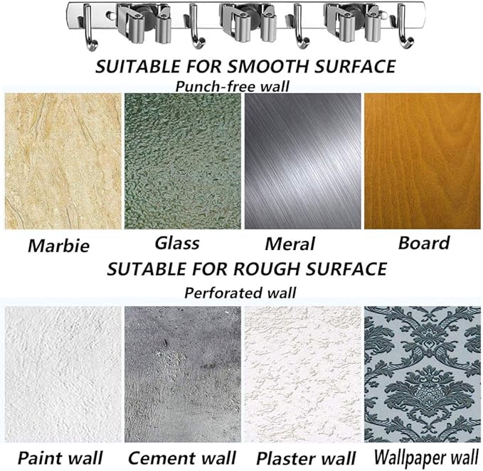 DGSL 4 PCS Broom Holder Wall Mount with 3 Racks 4 Hooks, Stainless Steel Wall Mounted Organizer Mop and Broom Storage Tool Rack for Home Kitchen Garden