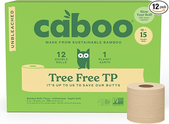 Caboo Tree Free Unbleached Toilet Paper | Plastic Free Packaging, Septic Safe, Eco Friendly, Chemical Free, Non Toxic | 2 Ply Toilet Tissue, Pack of 12 Double Rolls, 300 Sheets Per Roll