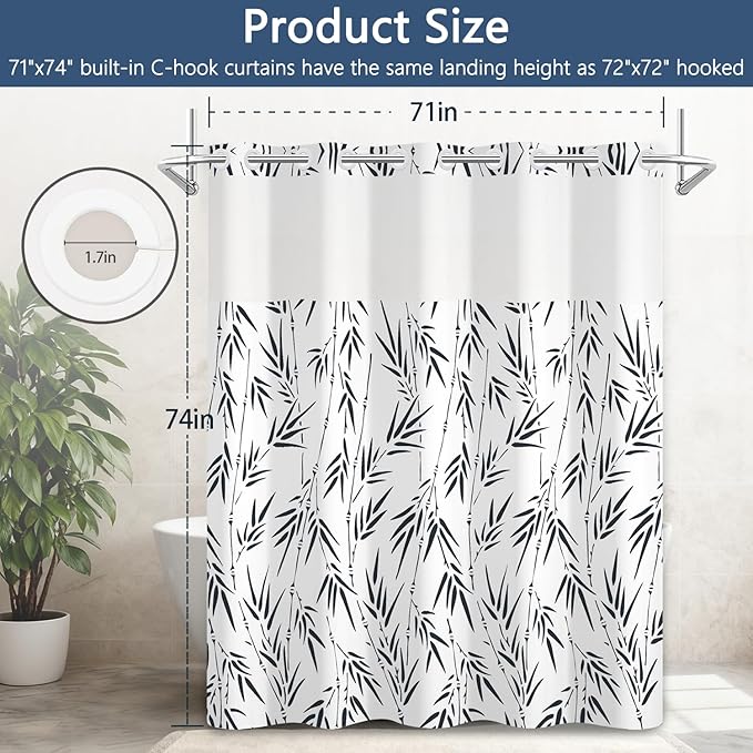 Dark Blue Bamboo Leaves Shower Curtain with Snap in Liner Set, Modern Boho Plant Aesthetic Design Bathroom Decorative Curtains, Waterproof Double Layers Fabric No Hook Shower Curtain, 71x74 inch