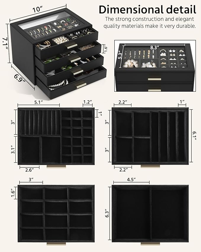 AKOZLIN Jewelry Box with Clear Lid Functional Leather Jewelry Storage Organizer Case 4 Drawers for Women Girls Necklace Ring Bracelet Earring