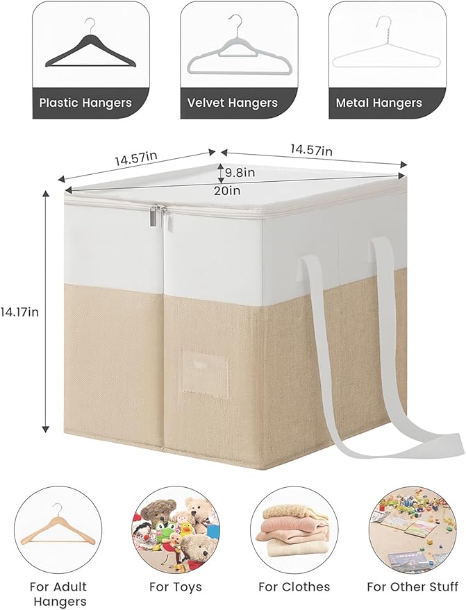2-Pack Rigid Clothes Hanger Organizer Bag with Dust-Proof Lid, Hanger Storage Holder with Support Boards, Large Capacity Clothes Storage Containers with Handle for Laundry-Beige/Linen