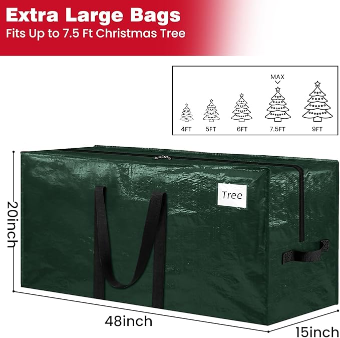 Christmas Tree Storage Bag 7.5 Ft, Durable & Waterproof Xmas Holiday Tree Bag with Handles, Tag Pocket, Artificial Christmas Trees Storage Box, Garland Storage Container Tote, Green