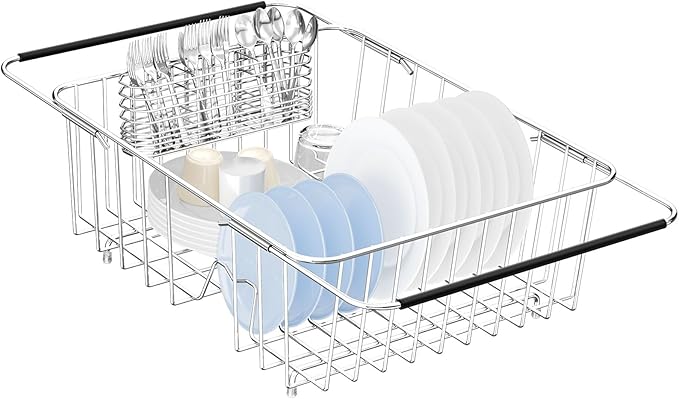 YZPGBT Large Dish Drying Rack in Sink Expandable, Adjustable304 Stainless Steel Metal Dish DrainerRack Organizer with Stainless Steel Utensil Holder Over Inside Sink Counter, Rustproof