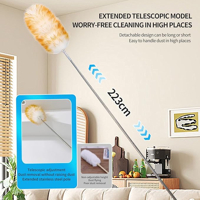 iHUFeather Lambswool Duster for Cleaning with Solid Wooden Handle Leather Hang Strap 87.8" Removable Retractable Feather Duster for Cleaning Ceiling Fans Window Blinds Interior Roof Furniture(2 Pack)