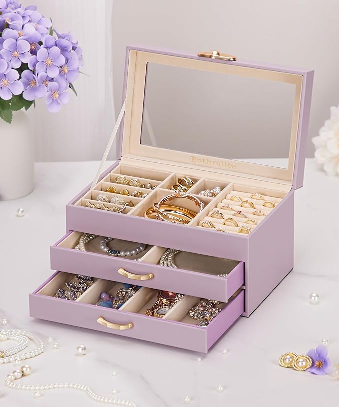 Jewelry Box with 2 Drawers: Jewelry Display Organizer for Earrings Necklaces - Gifts for Girls Women (Grey Purple)