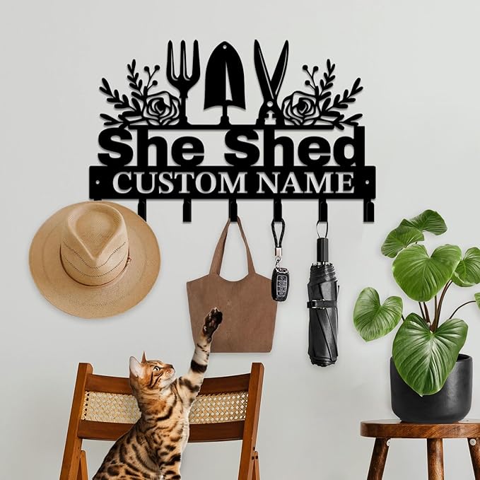 Personalized She Shed Metal Keys Hooks,Custom Name Metal She Shed Keys Hooks,Black Metal She Shed Wall Home Storage Decorative Keys Hooks,Key Holder Hooks for Wall (Style H)
