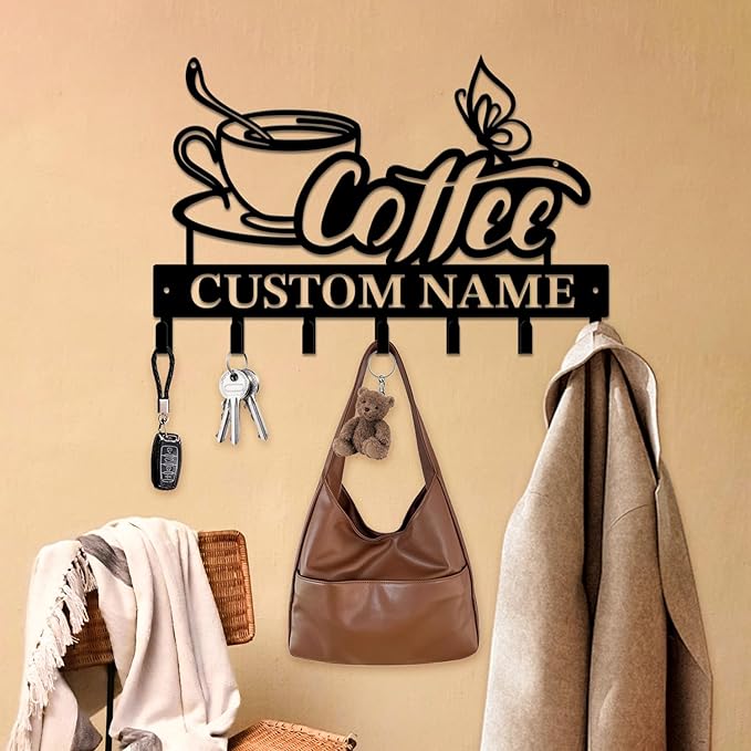 Personalized Custom Name Coffee Bar Wall Keys Hooks,Metal Coffee Shop Art Clothes Hooks,Metal Coffee Lover Wall Home Storage Decorative,For Front Door, Hallway, Kitchen, Bedroom,Keys,Hats (Style G)