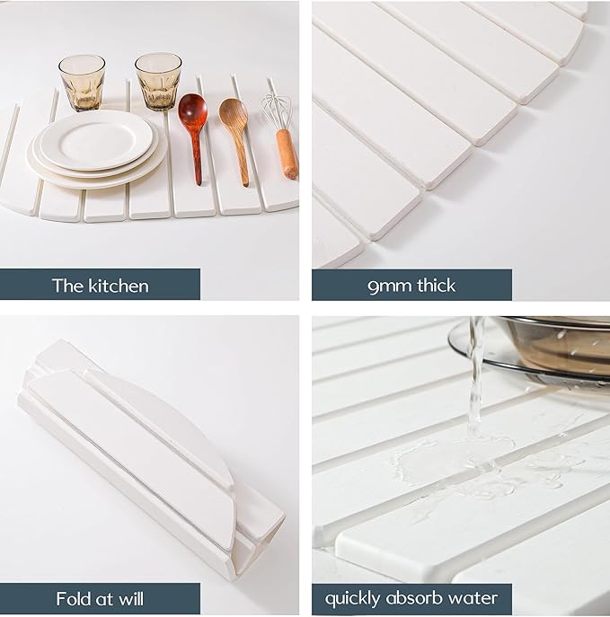 Large Stone Dish Drying Mat for Kitchen Counter,Absorbent Diatomaceous Earth Bath Mat Instant Drying Pad Foldable and Super Absorbent Mat for Dishes Cups Bottles (Oval 23*15.3in)