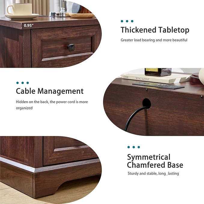 LIDYUK 3-Drawer Cherry Wood Dresser for Bedroom Farmhouse Dresser Chest of Drawers, 25" Tall Nightstand with Charging Station Chest of Drawers for Bedroom, Living Room