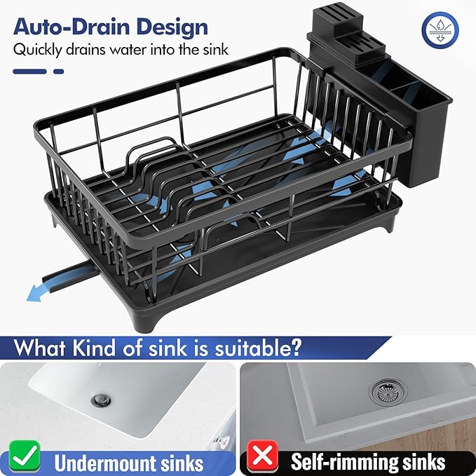 Storico Dish Drying Rack - Space-Saving Dish Rack, Sink Dish Rack for Kitchen Counter, Rustproof Dish Drainer Organizer with Utensil Holder, Black