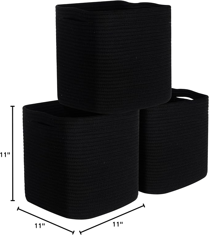 MINTWOOD Design 3-Pack 11x11 Inch Cube Storage Bin, Woven Organizer, Closet Cute Square Bins, Decorative Classroom Bathroom Pantry and Shelf Baskets, Full Black (MD-196)