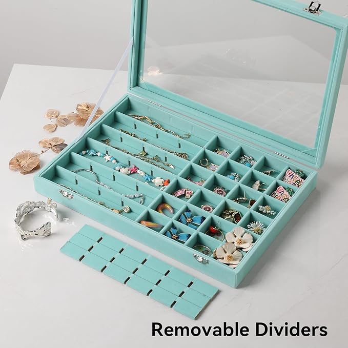Frebeauty 48 Grid Jewelry Tray,Adjustable Earring Holder Organizer with Glass Lid,Velvet Drawer Jewelry Organizer for Rings,Studs,13.8 x 9.5 x 2 Inches Jewelry Display Box,Gift for Women(Turquoise)