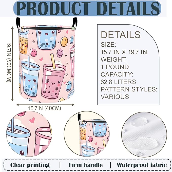 Bubble Tea Laundry Basket Hamper 19.7"x15.8", Boba Drink Foldable Waterproof Oxford Clothes Storage Bucket for Room Bathroom Bedroom Nursery Decor, Toy Organizer Bins Gifts for Kids Boys Girls
