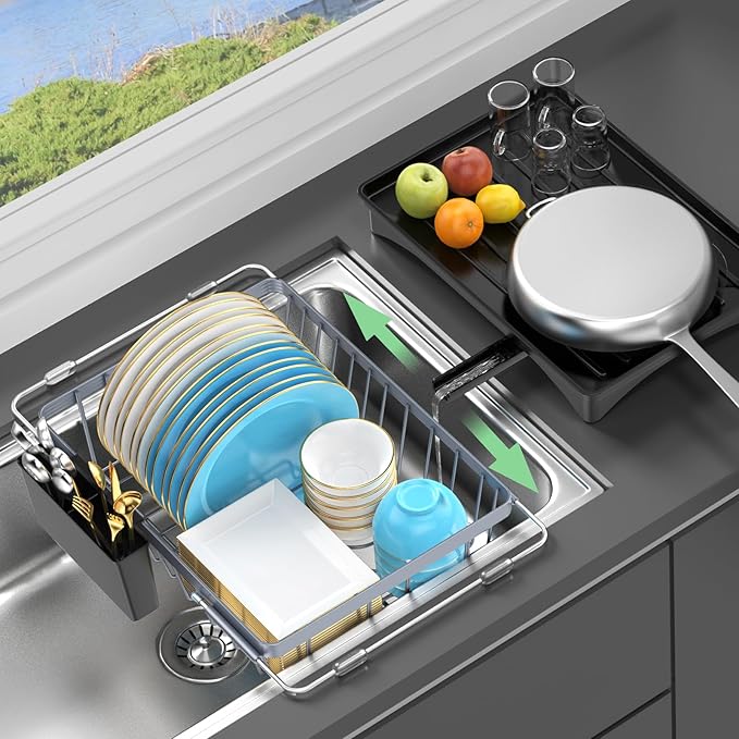 LEMIKKLE Sink Dish Drying Rack - Expandable Small Dish Rack Over Sinks with Drying Tray, Dish Drainer for Kitchen Counter with Cutlery Holder, Drying Rack Fit for 14’’-19’’ Kitchen Sink