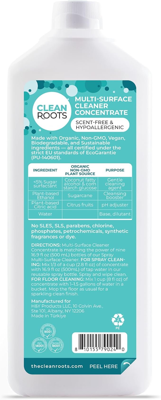CLEAN ROOTS Multi-Surface Cleaner Concentrate – EcoGarantie Certified, 100% Plant-Based Formula, Made with Organic Ingredients, Scent-Free & Hypoallergenic – 25.3 fl oz (750 mL), Pack of 3