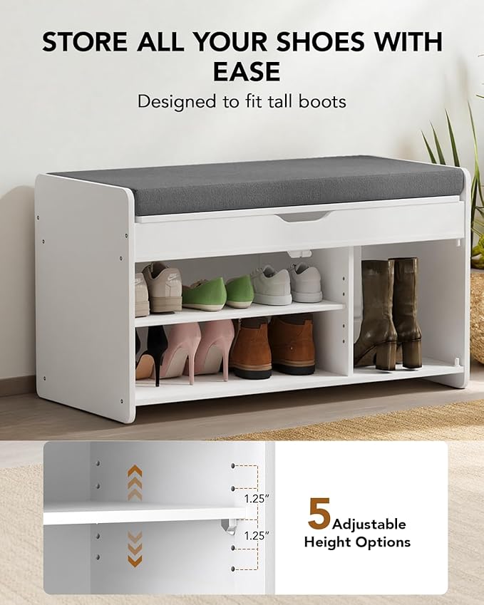 Amada Shoe Storage Bench, 31.5" Small Entryway Bench with Cushioned Seat & Lift Top Storage, 2 Door, Adjustable Shelf, 300 lbs Capacity, Bench with Shoe Rack for Entryway, Bedroom, Living Room, White