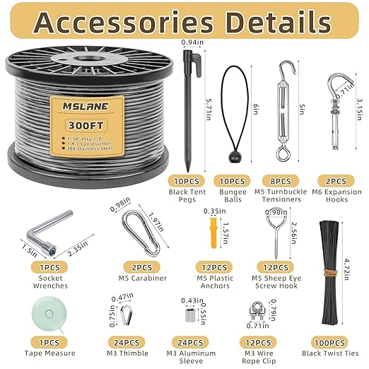 MSLANE 1/8" Black Wire Rope Kit 300FT 304 Stainless Steel Vinyl Coated with M5 Turnbuckles, 7x7 Strand Core Aircraft Cable for String Light, Picture Hanging, Clothesline, Curtain, and Plant Trellis