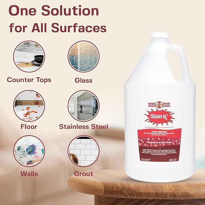 Stain Rx Stain Remover, Effectively Eliminates Stains from Wine, Berries & Blood on Colorfast Fabrics, Carpets, Upholstery & Jewelry, Fragrance Bleach & Dye-Free, Peroxides & Phosphates, 1 Gallon