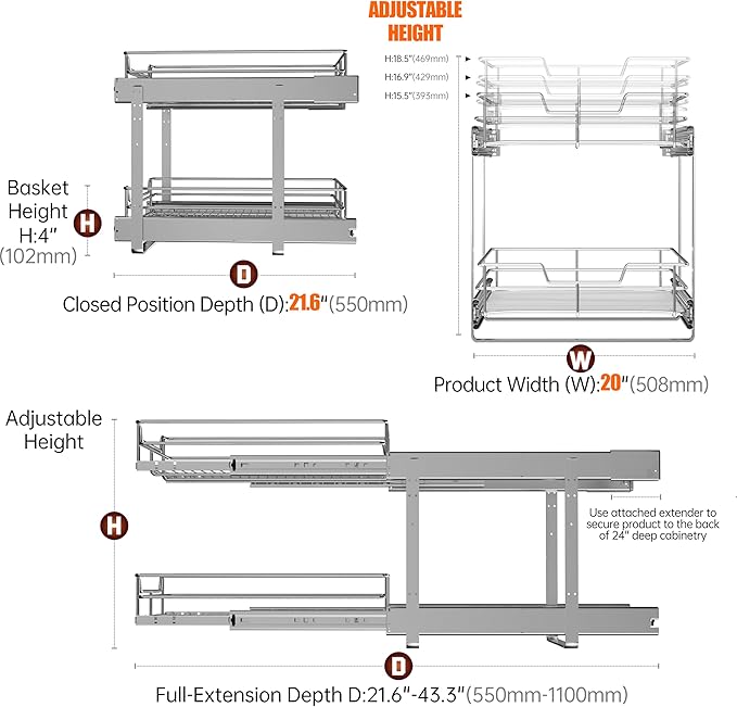 JOWBOOW 2-Tier Cabinet Pull Out Shelves (20" W x 22" D), Slide Out Shelves for Kitchen Cabinets, Metal Pots and Pans Organizer for Under Cabinet