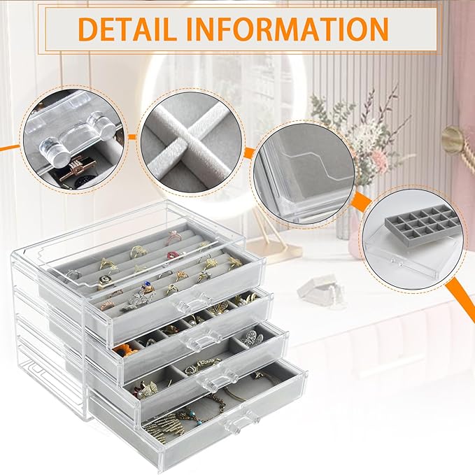 Weiai Acrylic Jewelry Organizer, Clear Jewelry Box with 4 Drawers, Jewelry Case Storage for Women (Gray)