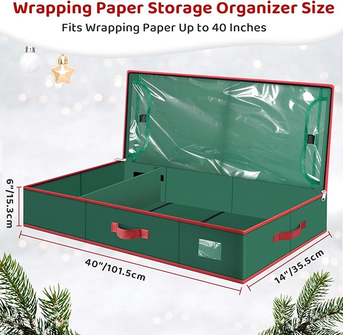 BlessedSeason Wrapping Paper Storage Organizer for 40 Inch Christmas Gifts Wrapping Paper, 2 Visible Supplies Pockets for Holiday Accessories, Christmas Decoration Storage Containers, Green