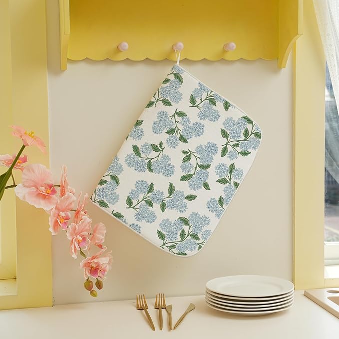 Blue Green Dish Drying Mat 18x24 Inch Vintage Floral Hydrangea Flower Drying Mat Spring Summer Absorbent Dish Drying Pad Dish Rack Drainer Mats for Kitchen Dining Counter