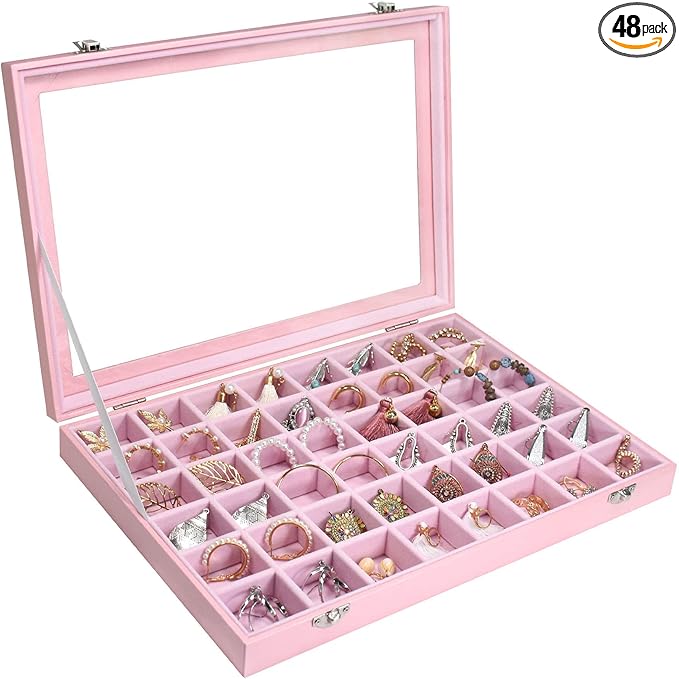 Jewelry Tray Organizer Box 48 Grid Jewelry Display Organizer Box with Transparent Lid Rings Earrings Necklaces Pendants Display Box Suitable for Women and Girls (48 Grid, Pink)