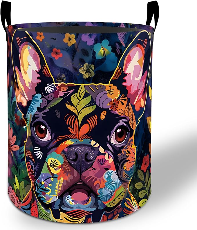 French Bulldog Laundry Basket Hamper 19.7"x15.8", Colorful Dog Foldable Waterproof Oxford Clothes Storage Bucket for Room Bathroom Bedroom Nursery Decor, Toy Organizer Bins Gifts for Kids Boys Girls