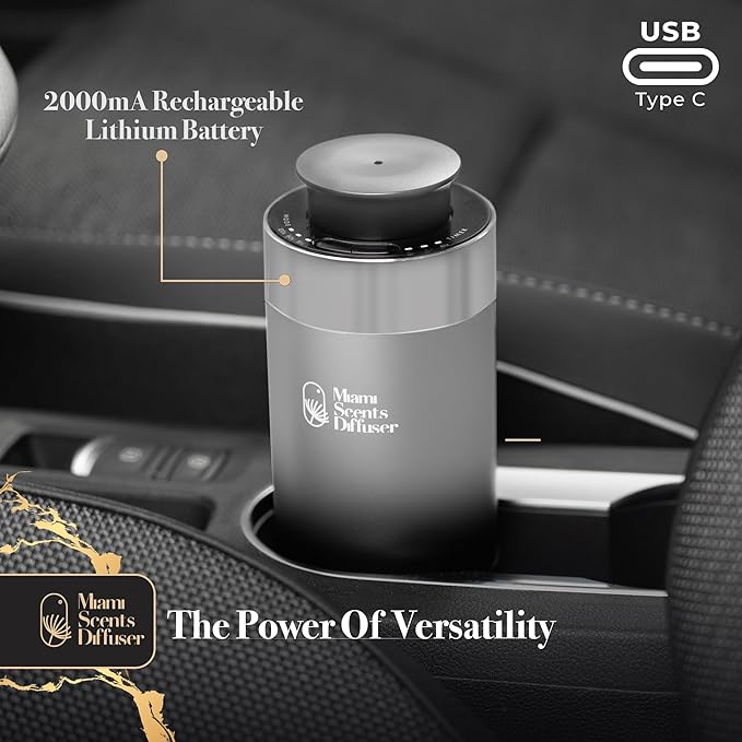 Car Diffuser for Essential Oils + Santal Scent Included Portable Waterless Air Freshener Built-in Battery Ultrasonic Cool Mist Humidifier with 9 Adjustable Modes Aromatherapy for Home Office Bedroom