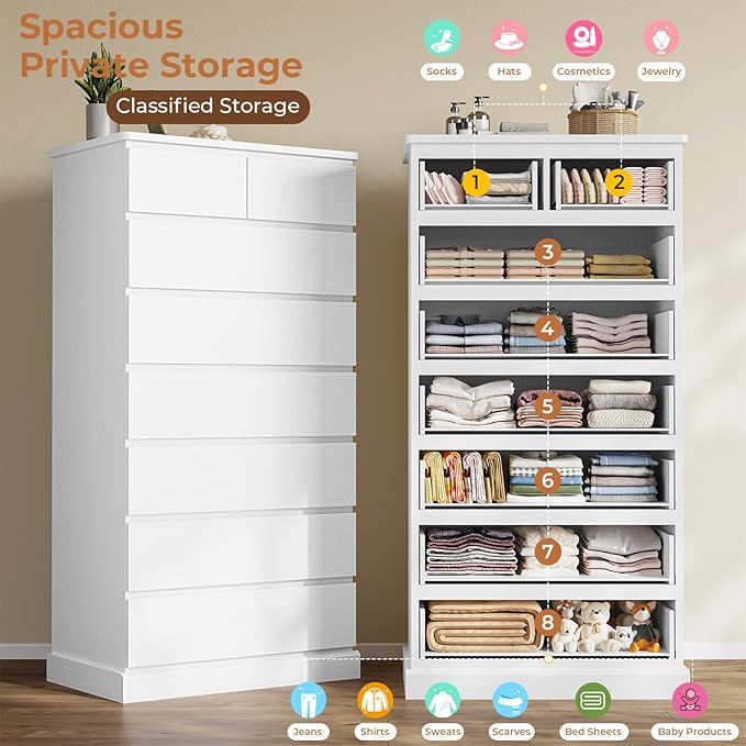DICTAC White Tall Dresser for Bedroom with 8 Drawers, 59.6" Tall Dressers & Chests of Drawers, Modern Wood Closet Organizer and Storage Cabinet, Large Vertical Dresser for Bedroom, Closet, Hallway