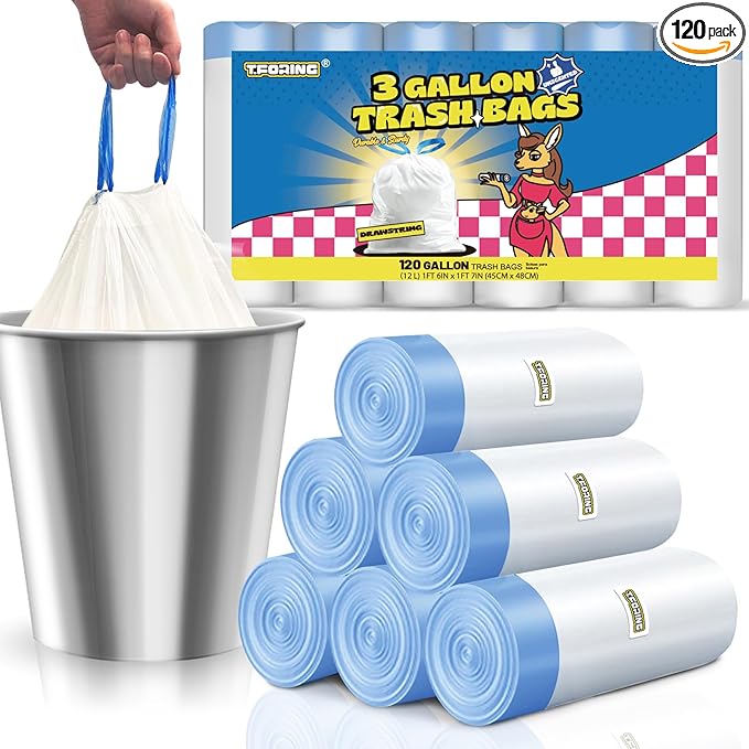 T.FORING 3 Gallon Trash Bags Drawstring 0.96 Mil - 120 Count 12 Liter Small Garbage Bags for Bathroom, Strong White Unscented Plastic Wastebasket Bin Liners for Toilet Office and Bedroom