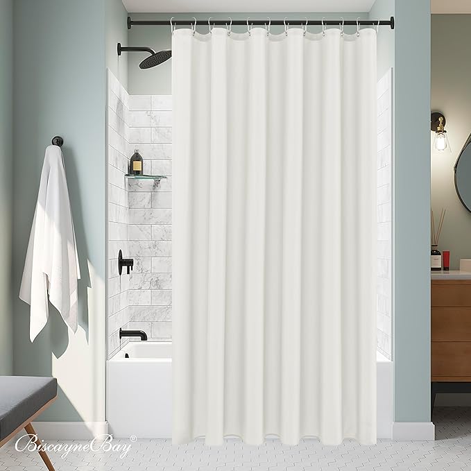 Biscaynebay Extra Long Fabric Shower Curtain Liner 72 Inch Width by 84 Inch Length, Ivory Water Resistant Bathroom Curtain, Rust Resistant Grommets Top Machine Washable