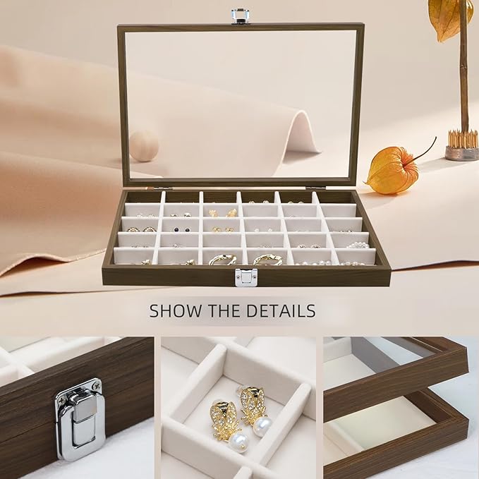 Wudygirl Jewelry Organizer Vintage Jewelry Tray Wooden Earring Holder Organizer with Clear Lid 30 Grid Jewelry Box Drawer Insert Jewelry Display Case for Women（30 Grid）