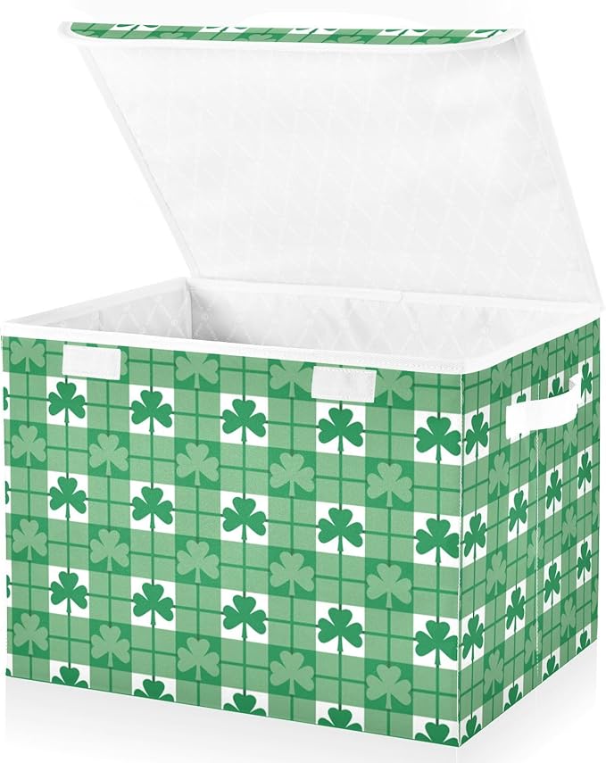 St. Patrick's Day Baskets Collapsible Storage Bins with Lids, St. Patrick's Day Green Shamrocks with Plaid Storage Boxes Clothes Baskets for Organizing