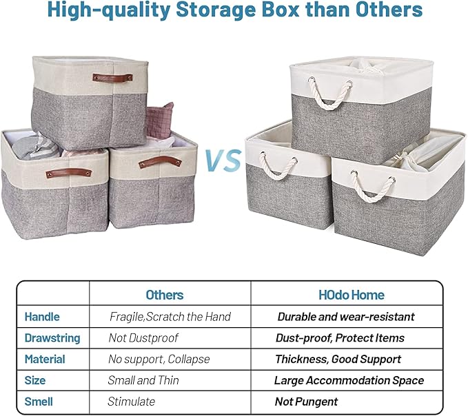 HOdo Home 15.8×11.8×9.5 In/3PCS Storage Bins, Fabric Bin with Drawstring Closure and 2 Bold Handles, Collapsible Large Canvas Baskets for Organizing Shelf Nursery Home Closet (White and Grey)