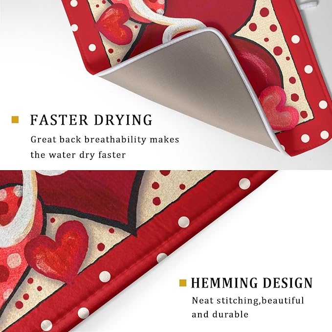 Love Heart Dish Drying Mat 18"x24" Red Dots Microfiber Dish Rack Mat Holiday Absorbent Fast Dry Draining Pad for Kitchen Counter Bar Sinks
