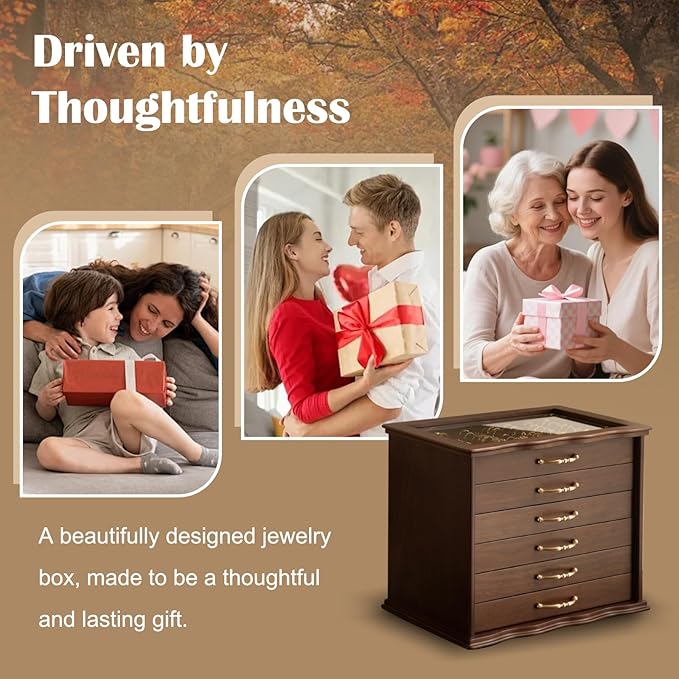 KINTNESS Black Walnut Wooden Jewelry Box - 6 Drawers Solid Wood Large Jewelry Organizer with Secret Compartment for Women Girls, Jewelry for Bracelet, Necklace, Ring, Earring