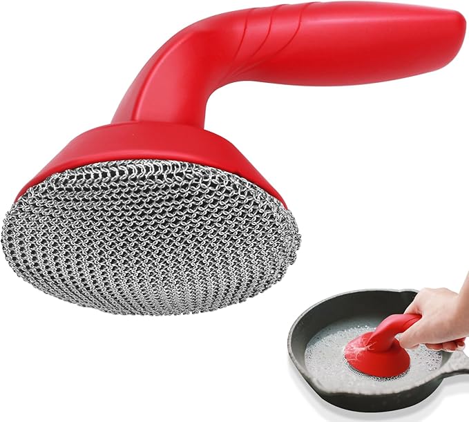 Cast Iron Cleaner Scrubber with Handle -3mm Welded Chain Mail Cast Iron Grill Scrubber Brush-Chainmail Sponge Scrub Cleaning Tool to Clean Skillets, Pan,Griddle, Wok