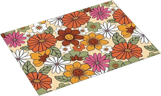 Boho Flowers Dish Drying Mat for Kitchen Counter,Retro 70s Groovy Daisy Dish Mat Microfiber Drying Pad Dish Drainer Mats for Countertop Coffee Bar 18x24 Inch