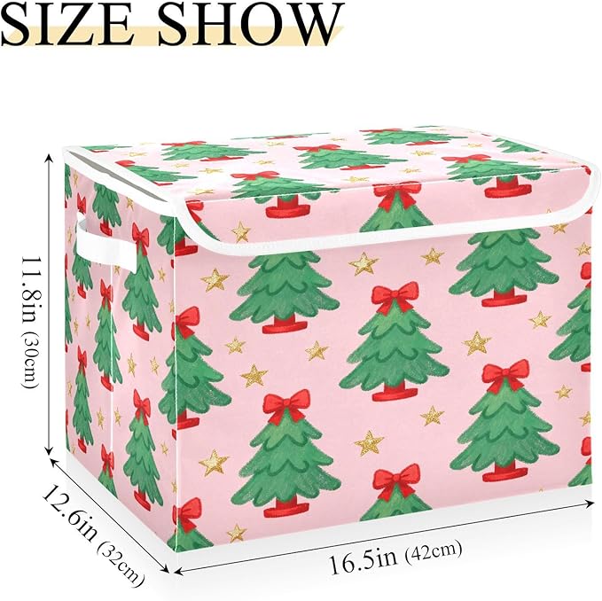 Christmas Tree Bow Stars Storage Bins with Lids Foldable Storage Basket with Handles Collapsible Large Fabric Organizer Containers for Clothes Shelves Closet Office Home